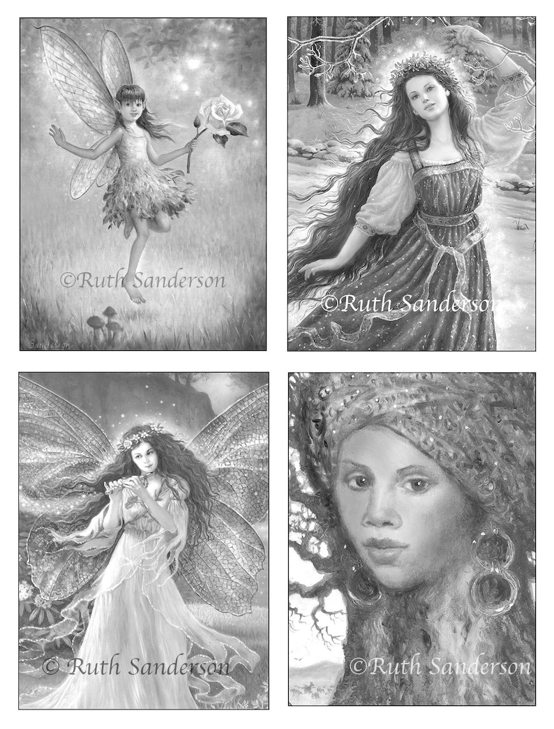 May include: A set of four black and white illustrations featuring fairies and women. The first image shows a fairy with wings holding a white rose. The second image shows a woman with long hair wearing a crown and a long dress. The third image shows a fairy with wings playing a flute. The fourth image shows a woman with a turban and large earrings.