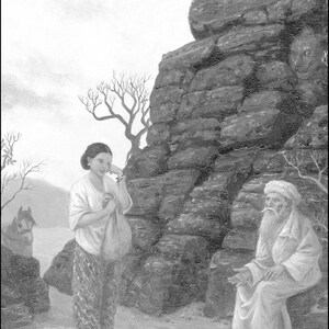May include: A black and white illustration of a woman talking to a man with a long white beard. The woman is holding a bag and the man is sitting on a rock. The scene is set against a rocky cliff.