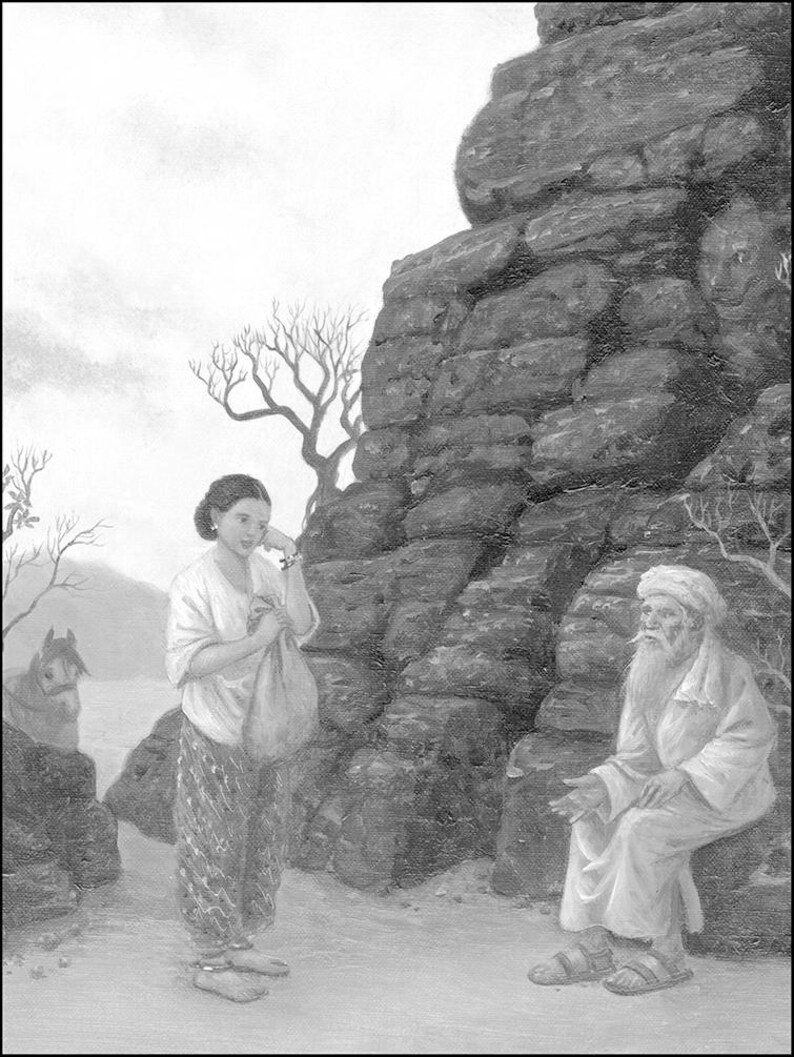 May include: A black and white illustration of a woman talking to a man with a long white beard. The woman is holding a bag and the man is sitting on a rock. The scene is set against a rocky cliff.