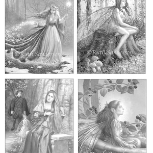 May include: A black and white coloring book page featuring four illustrations of fairies in a forest setting. The fairies are depicted with wings, flowing hair, and intricate details. The illustrations are surrounded by trees, flowers, and other natural elements.
