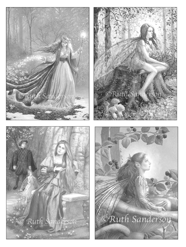 May include: A black and white coloring book page featuring four illustrations of fairies in a forest setting. The fairies are depicted with wings, flowing hair, and intricate details. The illustrations are surrounded by trees, flowers, and other natural elements.