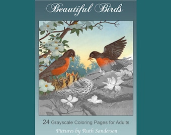 Beautiful Birds: 24 Grayscale Coloring Pages for Adults in PDF Format