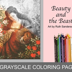 BEAUTY and the BEAST: 10 Unique Grayscale Coloring Pages for Adults, Instant PDF Download in Light and Dark Grayscale