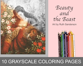 BEAUTY and the BEAST: 10 Unique Grayscale Coloring Pages for Adults, Instant PDF Download in Light and Dark Grayscale