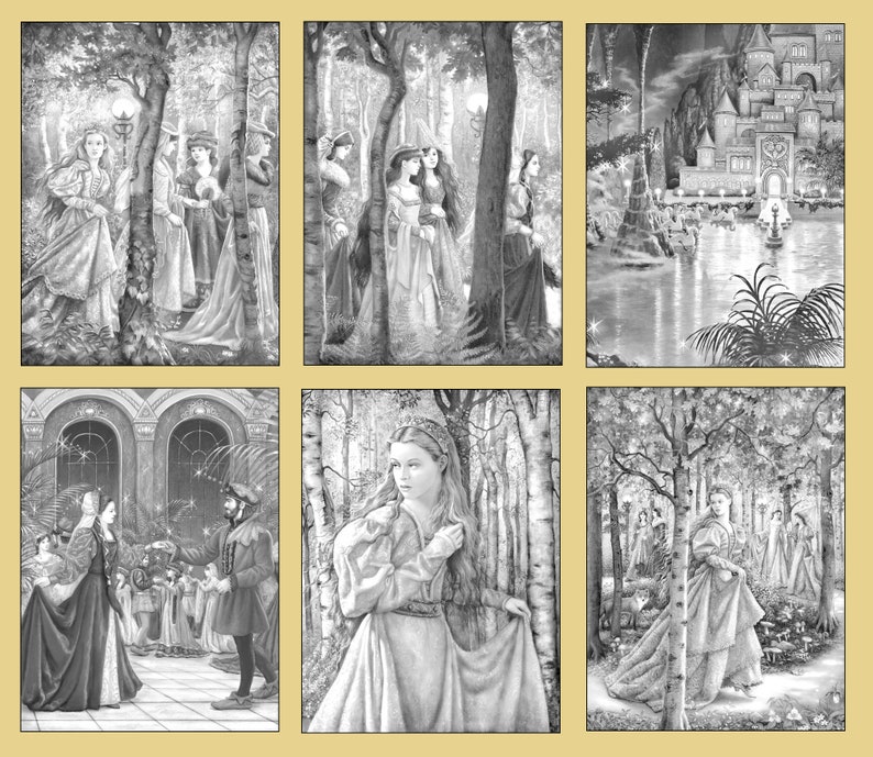 Twelve Dancing Princesses: 36 Grayscale Coloring Pages in PDF format for Instant Download image 3