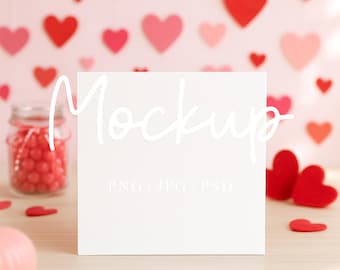 Puede incluir: Una maqueta cuadrada blanca con la palabra "Mockup" en fuente cursiva. El fondo presenta una pared rosa con recortes de corazones rojos y rosas. También hay un tarro de caramelos rojos y corazones de fieltro.