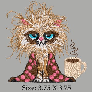 Grumpy Cat Coffee Embroidery Design: Funny Tired Cat (Digital File)