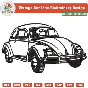May include: Black and white embroidery design of a vintage car. The design features a classic car with detailed lines, wheels, and windows. The text "Vintage Car Line Embroidery Design" is displayed above the car. The text "All sizes Adjustable" is also displayed.