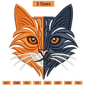 Tweekleurig kattenhoofd borduurontwerp | Gespleten gezicht (4 x 4 ring) (digitale download)