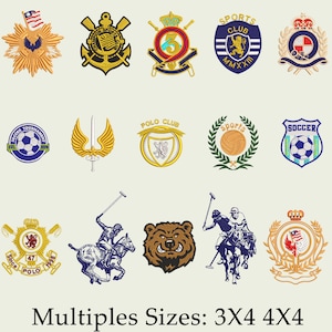 Pode incluir: Uma coleção de patches bordados com vários emblemas esportivos e de clubes. Os designs incluem uma bola de futebol, jogadores de polo, uma cabeça de urso e brasões heráldicos. Os patches estão disponíveis em vários tamanhos, incluindo 7,6x10,2 cm e 10,2x10,2 cm.