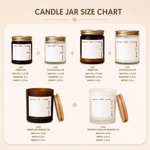 May include: A candle jar size chart displaying various glass containers with labels. The chart includes 4 oz and 9 oz amber and clear glass jars with gold lids, plus 11 oz amber and frosted clear jars with bamboo lids, all with listed dimensions in inches.