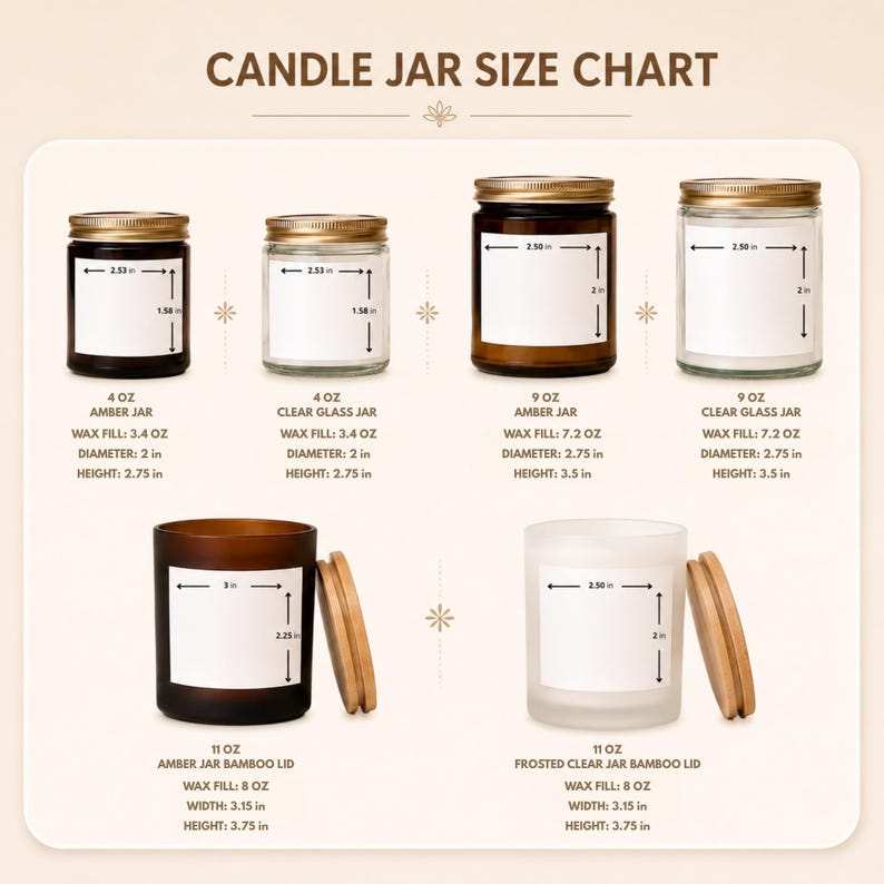 May include: A candle jar size chart displaying various glass containers with labels. The chart includes 4 oz and 9 oz amber and clear glass jars with gold lids, plus 11 oz amber and frosted clear jars with bamboo lids, all with listed dimensions in inches.