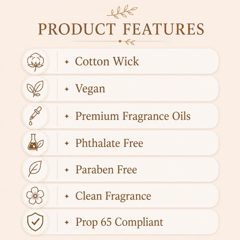 May include: A light beige informational graphic titled PRODUCT FEATURES with brown text and icons. It lists seven attributes: Cotton Wick, Vegan, Premium Fragrance Oils, Phthalate Free, Paraben Free, Clean Fragrance, and Prop 65 Compliant.
