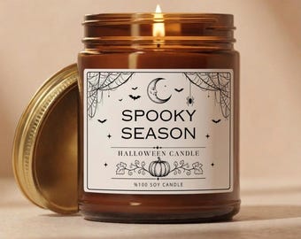 Spooky Season Halloween Candle, Pumpkin Moon Bat Cobweb Design, Amber or Clear Glass Jar, Autumn Fall Gift, Cozy Witchy Home Decor C-136
