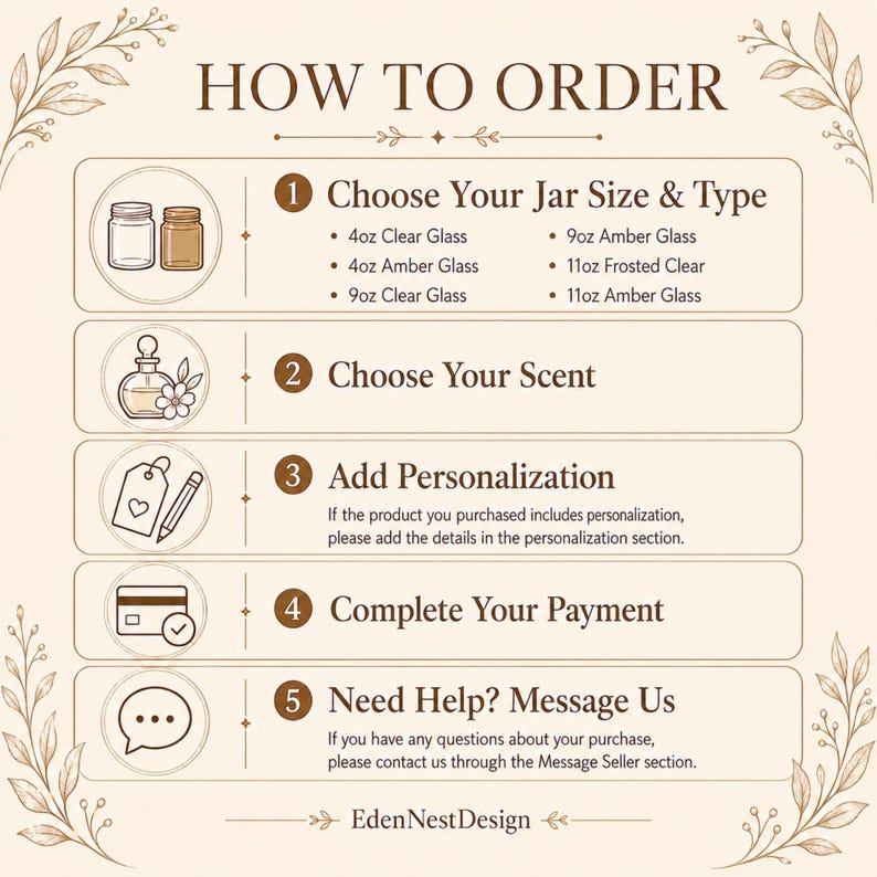 May include: An instructional graphic titled HOW TO ORDER with five steps. It outlines choosing jar sizes like 4oz, 9oz, and 11oz in clear, amber, or frosted glass, selecting scents, adding personalization, completing payment, and messaging EdenNestDesign.