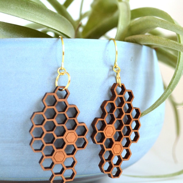 Laser Cut Cherry Wood Honeycomb Earrings