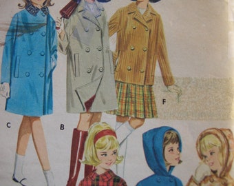 1960s Butterick #2925 FACTORY FOLDED Vintage Sewing Pattern Girls' Box Coat and Jacket, Attached Hood if Desired Size 6 Breast 24