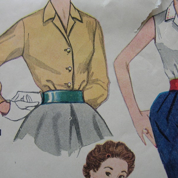 1950s Simplicity #4256 PARTIALLY UNCUT/UNUSED Vintage Sewing Pattern Misses' Three Styles Of Blouses Size 16 Bust 34
