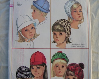 1960s Simplicity #6274 MOSTLY FACTORY FOLDED Vintage Sewing Pattern Girls' Set of Hats-Jockey, Helmet, Tam and Roller Hat Size 21 3/4 "