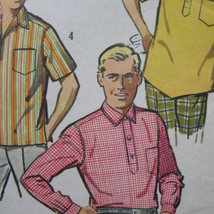 May include: Three men's shirts, one with a striped pattern, one with a red and white checkered pattern, and one with a solid yellow color. The shirts are all short-sleeved and have a button-down collar.