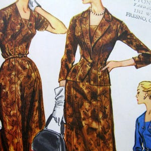 May include: Vintage fashion illustration featuring two women in brown patterned dresses and suits. One woman wears a short-sleeved dress with a belt, while the other models a suit with a blazer. A third woman is in a blue dress. The image includes text: "Fresno, California."