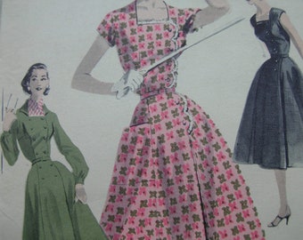 1950s Butterick #7675 FACTORY FOLDED Vintage Sewing Pattern RARE Misses' Side Buttoned Dress with Soft Skirt Size 16 Bust 34