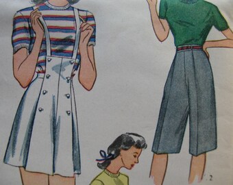 40s Simplicity 1322 MOSTLY UNCUT/UNUSED Vtg. Sewing Pattern Misses' Tap Shorts with Pleats,Bib&Suspender Shorts,Bermuda Shorts Size16Waist28