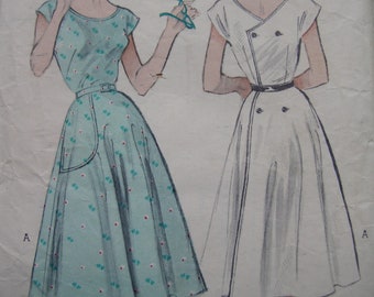 1950s Butterick #6184 RARE Vintage Sewing Pattern Misses' "Quick And Easy" BACK-WRAPPED Dress Size 16 Bust 34