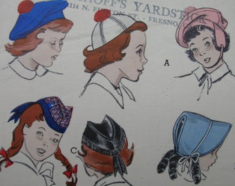 1950s Butterick #5483 MOSTLY FACTORY FOLDED (only one piece used) Vintage Sewing Pattern Girls' Set of Caps and Bonnets Medium Size