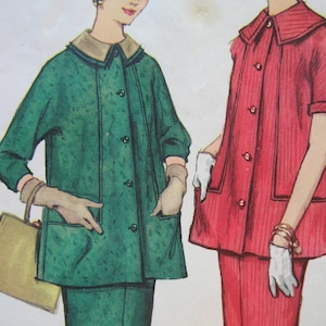 May include: Two vintage sewing patterns for women's clothing. The pattern on the left is for a green jacket and pants. The pattern on the right is for a red jacket and pants.