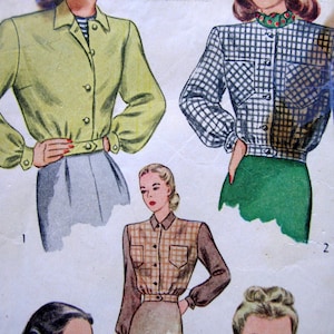 May include: Vintage fashion illustration featuring three different blouse designs. The blouses are in various styles, including a solid yellow-green, a black and white checkered pattern, and a brown plaid. The illustration is a retro style.
