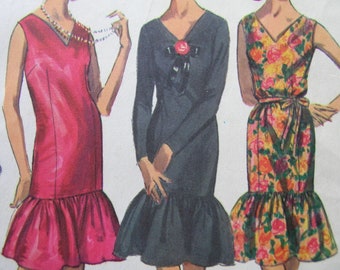 1960s Simplicity #5711 FACTORY FOLDED Vintage Sewing Pattern RARE Misses' Dress with Lower Flounce Size 16  Bust 36