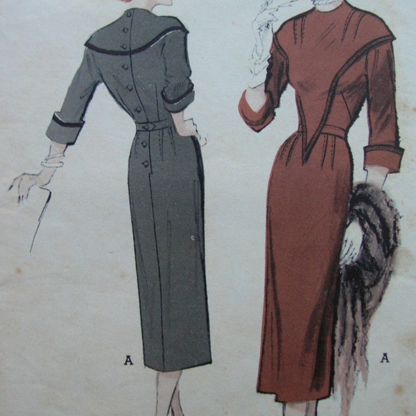 1950s Butterick #5446 Vintage Sewing Pattern Misses' One-Piece WIGGLE DRESS Casual: Plastron Effect Size 12 Bust 30