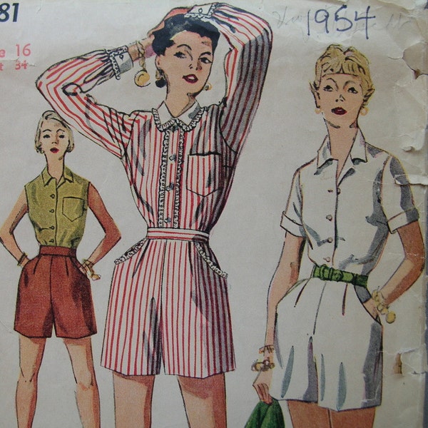 1950s Simplicity #4681 Vintage Sewing Pattern Misses' Shorts and Blouse ROCKABILLY SUMMER BASICS Size16 Bust 34