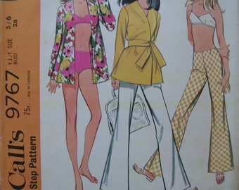 1960s McCall's #9767 FACTORY FOLDED Vintage Sewing Pattern Young Junior Bathing Suit, Pants and Top Size 5/6 Bust 28