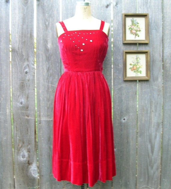 Vintage 50s CHERRY BOMBSHELL Red Velvet Evening D… - image 1