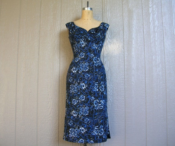 Vintage 50s MIAMI BLUE FLORALS Dress by Alix of Mi