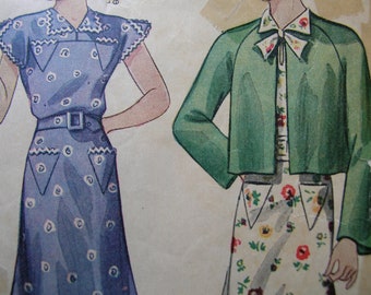1930s Simplicity 2323 Vintage Sewing Pattern Girls' DRESS Buttoned High or Rolled Deep V Back And SHORT JACKET Size 12 Bust 30
