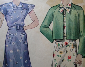 1930s Simplicity 2323 Vintage Sewing Pattern Girls' DRESS Buttoned High or Rolled Deep V Back And SHORT JACKET Size 12 Bust 30