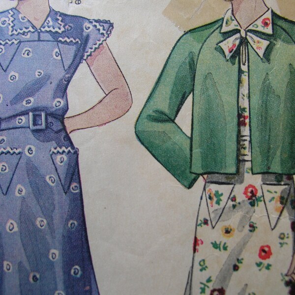 1930s Simplicity 2323 Vintage Sewing Pattern Girls' DRESS Buttoned High or Rolled Deep V Back And SHORT JACKET Size 12 Bust 30