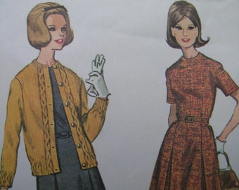 1960s McCall's 7872 FACTORY FOLDED Vtg. Sewing Pattern Misses' Dress Size 14 Bust 34,Knitting Sweater Instructions Sizes 10-12, 14-16, 18-20