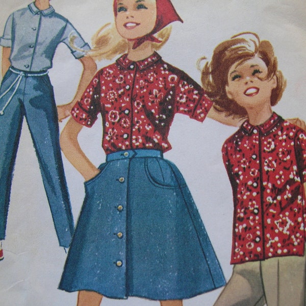 1960s McCall's #6497 Vintage Sewing Pattern Girls' SPORT SEPARATES: Skirt, Shirt, Pants Size 10 Breast 28
