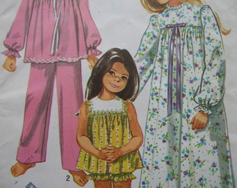 1970s Simplicity #9095 FACTORY FOLDED Vintage Sewing Pattern Girls' Pajamas in Two Lengths and Nightgown Size 3 Breast 22, Waist 20 1/2