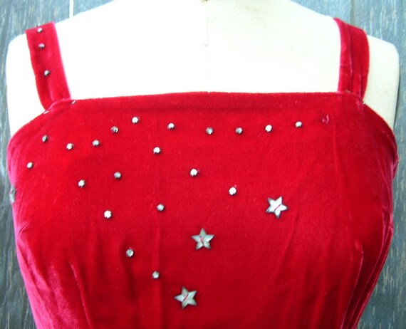 Vintage 50s CHERRY BOMBSHELL Red Velvet Evening D… - image 3