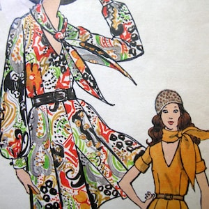 May include: Illustration of two figures in vintage fashion. One figure wears a long coat with a colorful paisley pattern, a black belt, and a scarf. The other figure is in a yellow dress with a matching scarf and a small hat. The image is a fashion design.