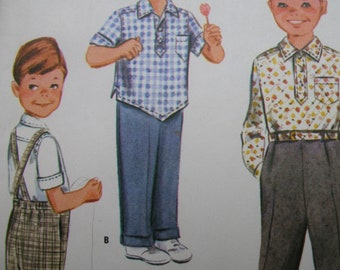 1960s McCall's #6254 FACTORY FOLDED Vintage Sewing Pattern Boys' Shirt and Pants Set with Optional Suspender Straps Size 3 Chest 22