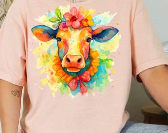 Watercolor Cow Shirt, Floral Animal Tee, Comfort Colors