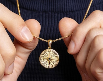 Gold Vermeil Compass Necklace - Black Moissanite Gemstone - 14k Gold Filled Box Chain - Gold Jewelry Gifts For him, dad, son, husband