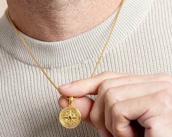 Vermeil Gold Compass Necklace - Black Moissanite Gem - 14k Gold Filled Box Chain - Gold Jewelry Gifts for men, boyfriend, son, graduation