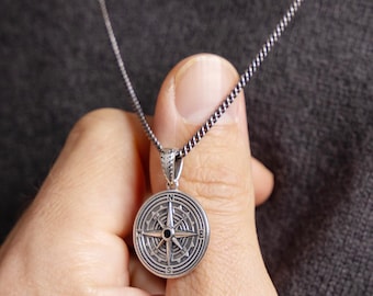 Oxidized Silver Compass Necklace - Black Moissanite Gemstone - Sterling Curb Chain - Silver Jewelry Gifts for boyfriend, son, graduation